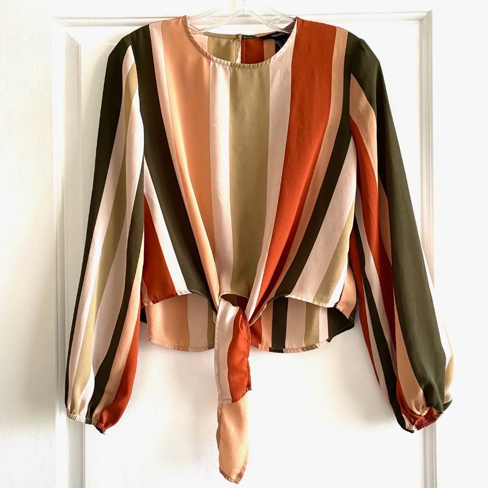 Boho Chic Tie Front Long Sleeve Striped Blouse | Color: Earth Tones | Si…